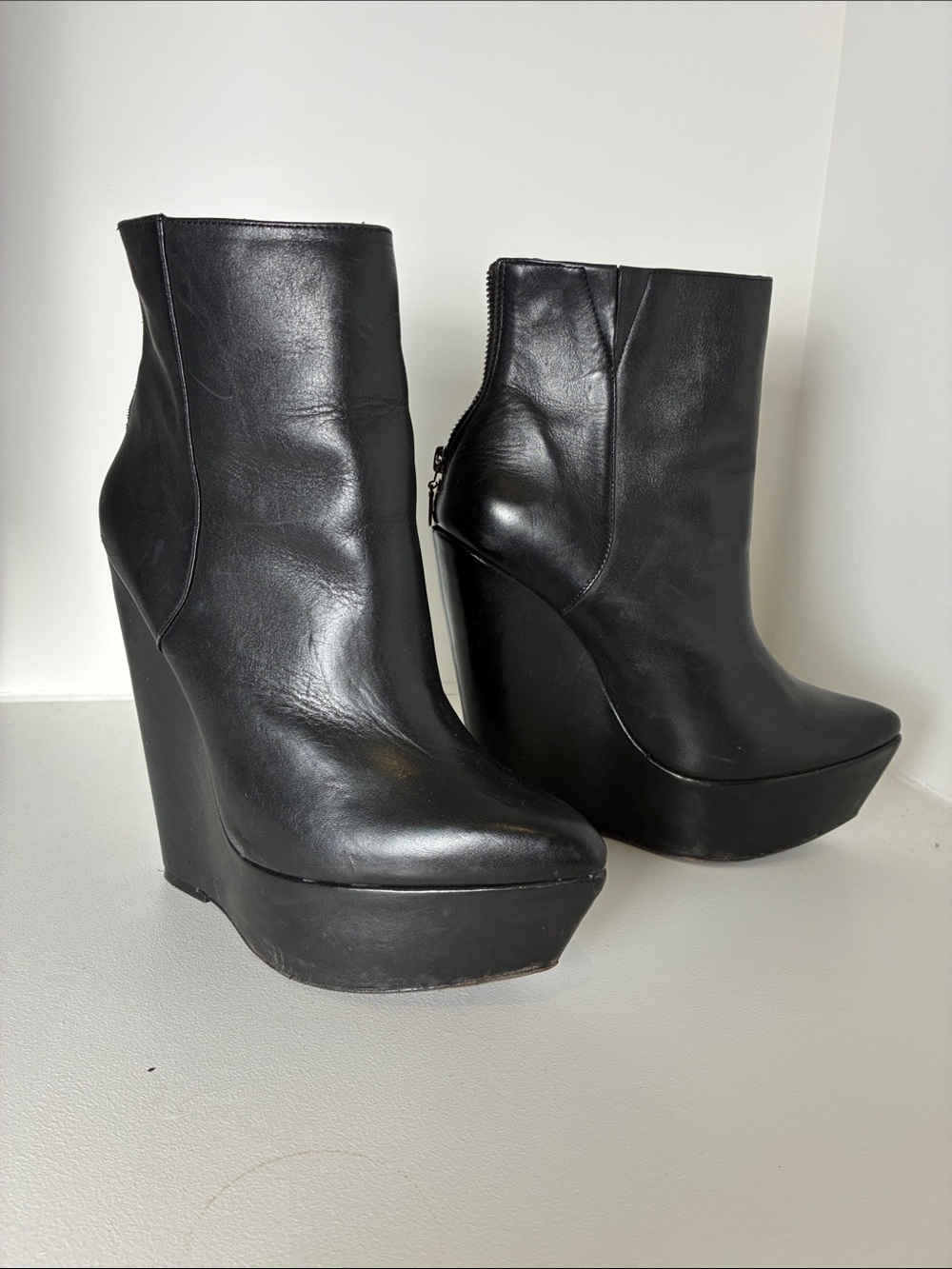 Max Azria Black Leather Wedge Ankle Boots